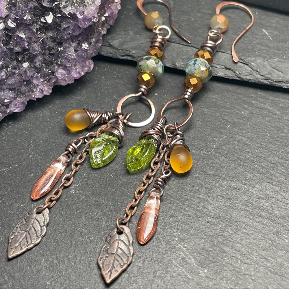 Rustic Copper Leaf Earrings | Woodland Fairycore Jewelry | Artisan - Picture 9 of 15